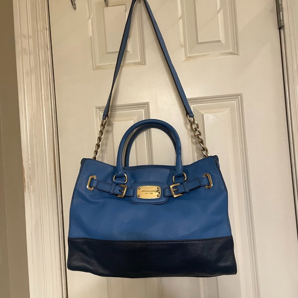 Michael Kors Blue Colorblock Leather Satchel with Shoulder Strap Clean Inside